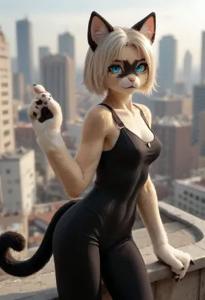 1girl, ((furry feline female on a rooftop)), black cat anthro, looking at viewer, black cat's head, alone, big tits, muscular, thin, slim, abs, small ass, city theme, dingy coveralls, fursuit, <lora:FursuitXL:.6>, <lora:Hegre-Nude_woman-000001:.5>