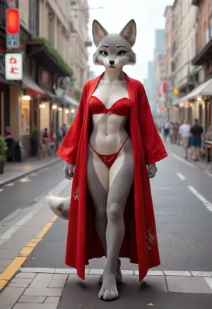 1girl, ((furry grey fox female on sidewalk)), grey fox anthro, small body, looking at viewer, grey fox's head, alone, fit, thin, slim, abs, small ass, city theme, red kimono with fox pattern, fursuit, <lora:FursuitXL:.6>, <lora:Hegre-Nude_woman-000001:.5>