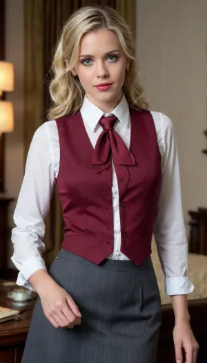 masterpiece, best quality, high score, excellent score, absurdity, over-detailed, realistic, blonde hair, low ponytail, forehead, curtain bangs, curls, black hair bow, lace hair bow, standing, looking at the viewer, closed mouth, bow tie, dark red tie-bow tie, white shirt, ruffled shirt, stand-up collar shirt, sleeveless shirt, vest shirt, tucked-in shirt, lapel with yellow pattern, black collar vest, lapel vest, vertical striped vest, buttons, (fastener), dark gray pencil skirt, skirt with a honeycomb pattern, white cuffs on the wrists, mesh hips, lace-trimmed hips, dark red heels, heeled sandals, full height
