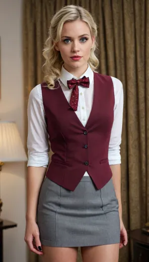 masterpiece, best quality, high score, excellent score, absurdity, over-detailed, realistic, blonde hair, low ponytail, forehead, curtain bangs, curls, black hair bow, lace hair bow, standing, looking at the viewer, closed mouth, bow tie, dark red tie-bow tie, white shirt, ruffled shirt, stand-up collar shirt, sleeveless shirt, vest shirt, tucked-in shirt, lapel with yellow pattern, black collar vest, lapel vest, vertical striped vest, buttons, (fastener), dark gray pencil skirt, skirt with a honeycomb pattern, white cuffs on the wrists, mesh hips, lace-trimmed hips, dark red heels, heeled sandals