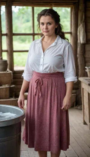 RAW photo, subject, (high skin detail:1.1), 8k UHD, soft light, high quality, film grain, Fujifilm XT3, dynamic angle, mature milf, russian peasant woman, in peasant hut, in front of viewer, eye contact, ((full view)), fair skin, (overweight:1.1), ((angry:1.1)), (show full face), in summer peasant clothes, leaning forward, ((f4rhairstyle)), brunette with long wavy hair, unbuttoned blouse, showing boobs, barefoot, washing clothes