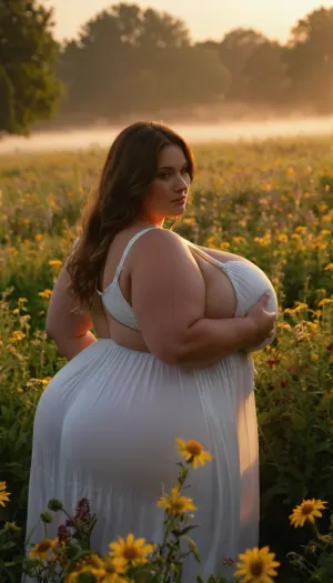 30 year old, (milf:1), (ssbbw:1.2), clothed in white wet summer dress, clinging to her plump, (massive breasts), (big ass), wide hips, in a flower meadow in a dawn mist, <lora:Chubby BBW - XL:.5>