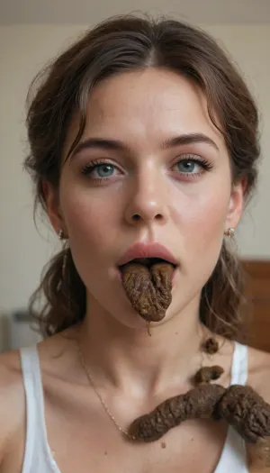 shit, poop, feces, a nice shit is coming out of her mouth, another milf, 54yo woman, closeup to viewer, looking at the camera