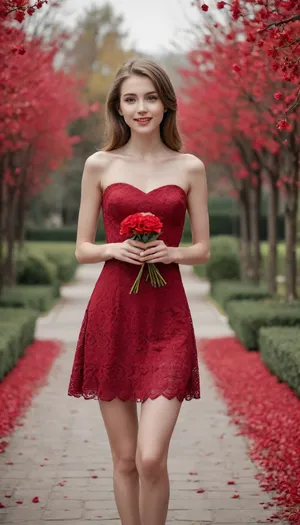 Smooth Quality_1171559, Masterpiece, best quality, amazing quality, very aesthetic, high resolution, ultra-detailed, absurdres, narrow waist, (skinny:1.3), toned, cute, young, (thick dress:1.2), multiple girls, hearts, smile, (red petals:1.5), holding bouquet, blush, solo, cherry blossoms