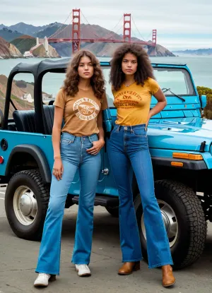 2 girls, 18 yo, photo in style of 70's, standing by an old hippie Jeep Wrangler, stripped tight t-shirt, tight hippie denim pants, fluffy hair, San Francisco street scenery