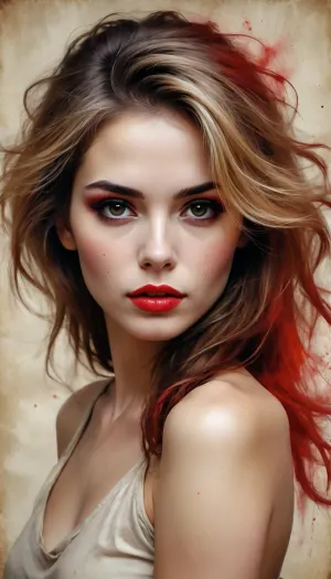 Sketch painting. Old yellowed parchment, ink blots, bold black strokes, female, simple composition, striking usage of minimal red strokes. touching. kind eyes. elaborate hair. dark makeup