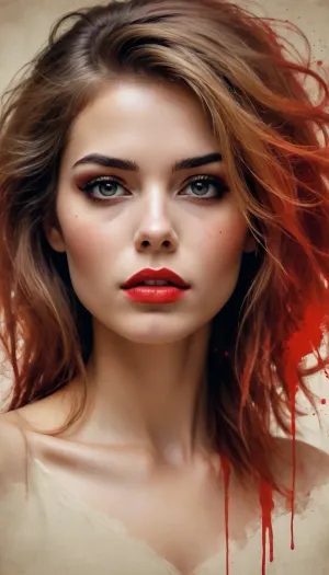 Sketch painting. Old yellowed parchment, ink blots, bold black strokes, female, simple composition, striking usage of minimal red strokes. touching. kind eyes. elaborate hair. dark makeup