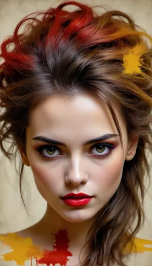 Sketch painting. Old yellowed parchment, ink blots, bold black strokes, female, simple composition, striking usage of minimal red and yellow strokes. touching. kind eyes. elaborate hair. dark makeup