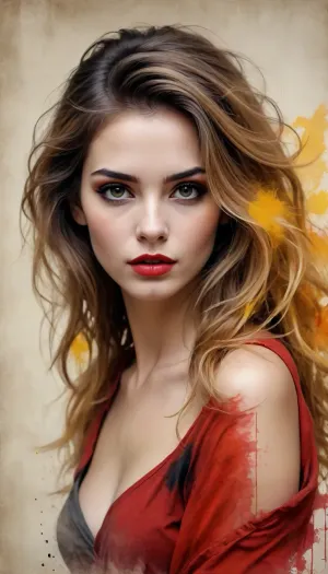 Sketch painting. Old yellowed parchment, ink blots, bold black strokes, female, simple composition, striking usage of minimal red and yellow strokes. touching. kind eyes. elaborate hair. dark makeup