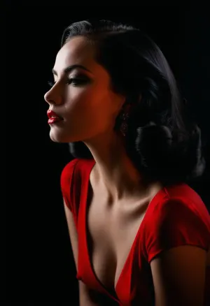 An intimate black and white 1930s noir inspired profile of an intense woman with her long inky black hair framing her fierce features. She is seated in a gloomy corner of a smokey bar, wearing a stylish red dress dress accentuating her slender neckline and defined jaw. Her heavy makeup is smokey and sultry with thick winged eyeliner while her red lipstick provides a shock of color against her pale creamy porcelain skin. Minimalist moody chiaroscuro lighting and a Dutch angle creating a dramatic effect. The overall mood of the image is sensual and alluring, with undertones of anticipation and desire., (black background, chiaroscuro lighting, Dutch angle:1.4), ZipRealism, <lora:dark:1.4>