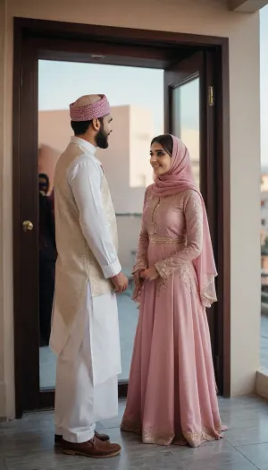 Beautiful muslim 25 year old married girl standing near a door at rooftop and seeing her new husband from back