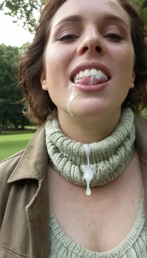 closeup of a girl's glossy lips with strings of cum between upper and lower lip, (pale skin), (dark green eyes), (strings of cum:1.3), (threads of cum:1.3), (cum between lips), (dripping cum), (cum dripping from teeth:1.3), (pink lips), (skin pores), (detailed skin), (beautiful face), (short wavy hair:1.4), (curly hair:1.2), (short hair:1.2), (brunette hair), (pixie cut:.5), (Northern European), (freckles), (cum hanging from teeth), (mouth open:1.2), (clothed:1.4), (brown cord jacket:1.5), (long, green, knitted scarf:1.1), (wearing a pullover:1.4), (realistic transparent liquid:1.2), (close up of lips:1.4), (detailed teeth), (realistic teeth), (imperfect teeth), (in a green park on a summer's day), (finely detailed skin:1.2), (skin blemishes), (cum on lips:1.2), (sun is shining), <lora:SDXL_oral_v1-000009:.5>