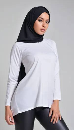 Very Beautiful Malaysia model, wearing loose white shirt, black hijab, black legging, realistic, insanely detailed, supreme quality, ultra-detailed, professional photography, masterpiece, photorealism, front view