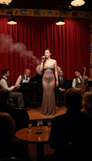 A vibrant 1940s cabaret stage bathed in the warm glow of dimly lit pendant lights, casting dramatic shadows across the rich, velvet curtains. At center stage, a glamorous chansonette in a shimmering, figure-hugging evening gown adorned with sequins and a feathered boa stands under a single spotlight, her face radiant with a mix of passion and nostalgia. She holds a vintage microphone in her gloved hand, her eyes closed, as she sings a soulful tune with a French accent, captivating the audience. Behind her, a quartet of musicians, consisting of a pianist, double bass player, saxophonist, and drummer, are engaged in their instruments, adding layers of sophistication to the melody. The smoke from their cigarettes and the ambience of the room swirls upward, contributing to the hazy, intimate atmosphere. The audience is a sea of well-dressed patrons, their faces reflecting the soft light, with some leaning in to better absorb the emotive performance while others sway gently to the rhythm. The walls of the cabaret are lined with framed vintage posters, and small round tables are crowded with half-filled glasses of wine and champagne. The scene is a time capsule of the era, exuding the charm, elegance, and the bittersweet longing that characterized the music and nightlife of the 1940s. The woman's voice, a blend of Edith Piaf's grit and Billie Holiday's soulfulness, fills the room, resonating with the tumultuous history of the time, yet offering a brief reprieve from the world outside. The entire image is steeped in a monochromatic palette of deep reds and blacks, reminiscent of old photographs, which only heightens the sense of timelessness and the transportive nature of her song.