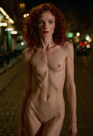 (milf, 40+ years old, euro, French, extremely skinny, gaunt, skinny face, slim face, red lips, medium curly messy maroon hair, bright green eyes, pale skin, beautiful, (really flat-chested:1.7), thin waist, slim hips, slim ass, long legs), (bare body, fully nude, completely naked), (highly detailed background:1.6), 1970s action movie, realistic 1970s Paris streets, movie scene, nighttime, low lighting, neon lights, blinking lights, photographed at night, (whole body in frame), dynamic pose, prostitute offers herself to a client, demonstrate body