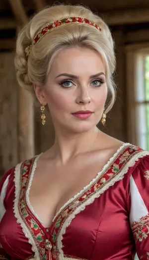 (4K UHD ultra-detailed RAW photo), high detailed, 8k, (photorealistic:1.7), 45 yo peasant seductive woman in hayloft, ((milf:1.4)), (wearing Ukrainian summer national costume, Embroidery), ((voluminous blonde updo haircut)), ((makeup:1.5)), plump, skindentation, chubby, bbw, venus, body, big, breasts, ass, <lora:Chubby BBW - XL:.5>