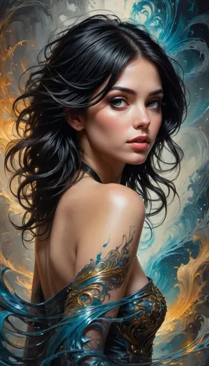 beautiful woman, black hair, Black ink flow, 8k resolution, photorealistic masterpiece by Aaron Horkey and Jeremy Mann, intricately detailed fluid gouache painting by Jean Baptiste, professional photography, natural lighting, volumetric lighting, maximalist, concept art, bright eyes, intricately detailed, complex, elegant, expansive, fantastical, cover, from side, <lora:weitian-000016:1.2>, <lora:SDXLFaeTastic2400:.6>