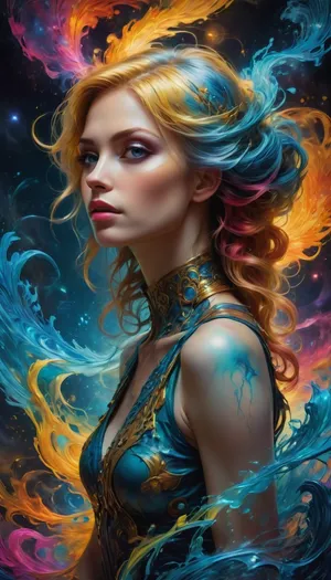 beautiful woman, Ruby's hair, blue hair, yellow hair, multicolor hair, Black ink flow, 8k resolution, photorealistic masterpiece by Aaron Horkey and Jeremy Mann, intricately detailed fluid gouache painting by Jean Baptiste, professional photography, natural lighting, volumetric lighting, maximalist, concept art, bright eyes, intricately detailed, complex, elegant, expansive, fantastical, cover, from side, <lora:weitian-000016:1>, <lora:SDXLFaeTastic2400:1>