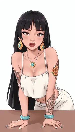 (Chel from Road To El Dorado), goth, tattoos, (leaning over table), front view, (big tits:1.8), (cleavage teacher outfit:1), white background, SamDoesArts, <lora:cartoon_stickers_xl_v1:.8>, <lora:SDXLSamDoesArts:.8>