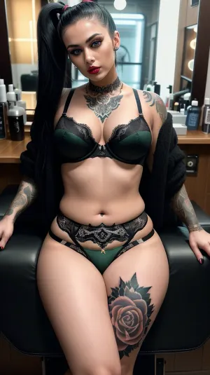 8k resolution, wide shot, full body, ultra-detailed, full color, professional photography, background is tattoo parlor, she's sitting in barber shop style chair, woman's fully covered in vibrant tattoos, girls do yoga, Face to the floor, view from front, dark green eyes, ((fat woman)), wide hips. Massive thighs, ((beautiful woman dressed in sexy black panties and bra)), G cup breasts, high pony tail, neck covered by evil tattoo, perfect face, perfect eyes, ((looking at viewer)), swf, mad-sincity, 1940s, nklnor, mega, ponytail, big, hair, woman, ladydim, edgLit_woman, edgLit_face, edgLit_body, pale, skin, photo, of, perfecteyes, eyes, face, tattoo, TRIBAL-BEAUTY, <lora:GothicNoir:.6>, <lora:edgLithuanianDollLikeness:.5>, <lora:lora_perfecteyes_v1_from_v1_160:.6>, <lora:Nlo_FaceTattoo_v1:.7>, <lora:TRIBAL-BEAUTY:.6>