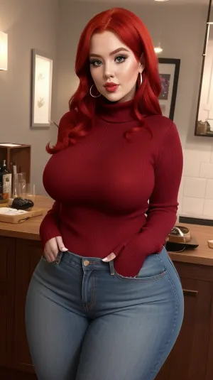 red hair big breasted ssbbw woman, wearing a tight polo neck jumper, top 3/4 full front view