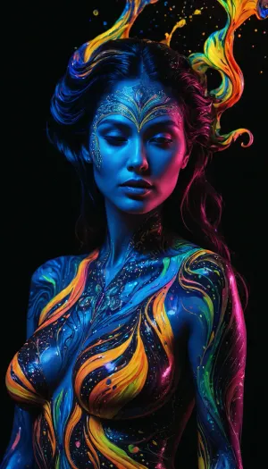 Colorful woman, Black ink flow, 8k, photorealistic masterpiece, intricately detailed fluid gouache, calligraphy, watercolor art, professional photography, volumetric lighting, photo-illustration, concept art, elegant, fantastical, PENeonUV, blacklight, neon, <lora:PE_NeonUV Style:.5>, ais-brknlvlmp, <lora:ais-brknlvlmp-sdxl:.5>