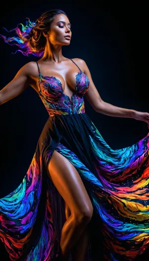 Colorful woman, Black ink flow, 8k, photorealistic masterpiece, intricately detailed fluid gouache, calligraphy, watercolor art, professional photography, volumetric lighting, photo-illustration, concept art, elegant, fantastical, PENeonUV, blacklight, neon, the whole body is visible, dynamic pose, dancing, voluptuous dress, big tits, <lora:PE_NeonUV Style:.5>