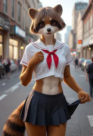 1girl, ((furry raccoon female on street)), raccoon anthro, midget, small body, short arms, short legs, looking at viewer, raccoon's head, alone, fit, thin, slim, abs, small ass, city theme, school uniform, pulling up skirt to show bald pink pussy, fursuit, <lora:FursuitXL:.6>, <lora:Hegre-Nude_woman-000001:.5>