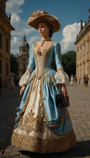 woman vibrant rococo-dress silk, gold trim lace. hat. carries black satchel bag decorative gold emblem. stands on cobblestone path mid-18th-century European city classical architecture tents. sky light blue white clouds. hyperrealistic style detailed textures fabrics hair objects. ornate walking stick. figures period-style clothing ground. Impressionistic brushstrokes depth atmosphere hyperrealistic renderings. Focus detail lace embroidery textures fabrics. scene feel elegant detailed focus woman attire main