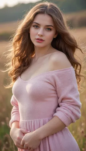 (masterpiece:1.2), (best quality:1.3), (ultra-detailed:1.4), highres, cinematic lighting, photorealistic textures, soft pastel tones, dreamy atmosphere, gentle warm sunlight, stunningly beautiful woman, (extremely tiny waist:1.3), (slender yet curvy figure:1.3), (delicate youthful face:1.3), (large sparkling eyes:1.3), (plump glossy lips:1.3), (rosy cheeks:1.3), (long silky wavy hair:1.3), soft glowing skin, subtle freckles, wearing a short pleated pastel skirt and a loose knitted sweater, oversized sleeves covering part of her hands, playful pose with one finger on her lips, soft smile, warm blush, knees slightly bent, delicate gold bracelet on wrist, gentle wind lifting her hair, soft cinematic depth of field, HDR, vibrant color balance, dynamic lighting, ultra-sharp details, high resolution, realistic depth of field, close-up framing from thighs to head, 4K rendering.