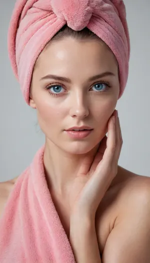 A woman wearing an elegant pink towel on her head, with one hand touching the side of it and looking towards the camera. She has blue eyes and is posing for product photography in front of a white background. The fabric appears soft and smooth against her skin, with subtle texture details visible under natural lighting. Her hair is neatly styled or casually placed behind her shoulder to highlight the towel's design