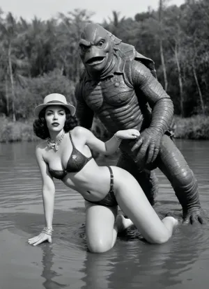 (realistic:1.5), black and white image of a beautiful woman with 1930s style makeup and hair wearing binoculars on a chain around her neck and a safari hat, on all fours, (fucked from behind by the scaled creature from “The Creature From The Black Lagoon” who is grabbing her hips:1.4), (“The Creature from the Black Lagoon”:1.9), exposed breasts, slender body, moaning, mouth opened, (large natural breasts), puffy nipples, tan lines, hairy bush, (at the edge of a lagoon next to a safari camp:1.5), side view