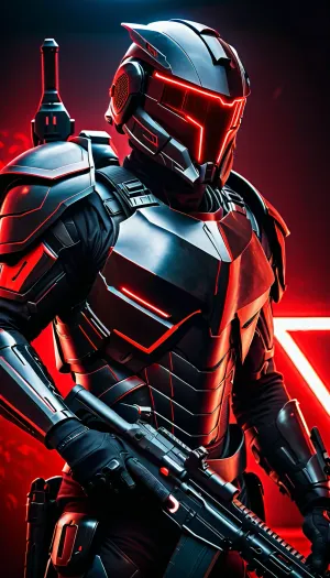 warrior of the future, high-tech black armor, face completely hidden by a helmet, helmet visor glows red, very aggressive overall appearance, holding a laser rifle, full body in frame, side view
