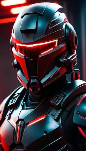 warrior of the future, high-tech black armor, face completely hidden by a helmet, helmet visor glows red, very aggressive overall appearance, holding a laser rifle