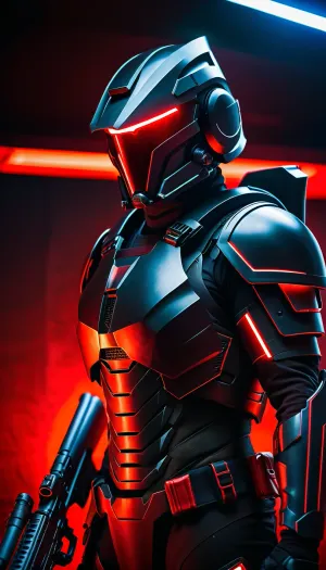 warrior of the future, high-tech black armor, face completely hidden by a helmet, helmet visor glows red, very aggressive overall appearance, holding a laser rifle, full body in frame, side view