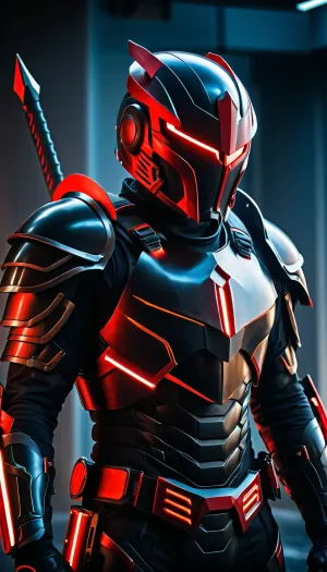 warrior of the future, high-tech black armor, face completely hidden by a helmet, helmet visor glows red, very aggressive overall appearance, holding a vibrosword, full body in frame, side view