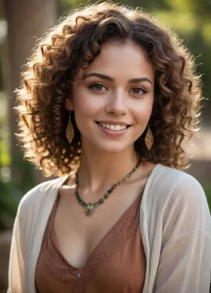 A woman with elegant curly hair, warm smile, and expressive eyes, earthy tones, layered fabrics, exotic jewelry, sunlit outdoor setting.