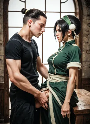 Toph having sex with a huge black man, 1girl, toph, bangs, black, hair, blind, grey, eyes, between, bun, hairband, short, sleeves, tunic, chinese, clothes, baggy, capri, pants, 1man, huge, hyper, cock, puledriver, <lora:TophIllustrious_byKonan:.5>