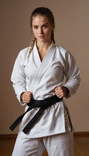 (((30 years old girl posing))), in karate dojo, (((random generated face))), ((Argentinian)), (silver eyes), fire truck hair colour, viking braid, 6'1", 137lb, buff body, skinny, apple shaped body, ((white Karate Gi, karate black belt, white training sneakers, Sports wristbands)), torn clothes, detailed face, High resolution, high details, shot in the style of Sony A7 III, Cinematic split, Abstract shadow patterns, Colorful shadows, Rim light, Backlit, Diffused lighting, Dimly lit, light overexposure torn, fly, down, _______, look, at, my, prompts, <lora:tornclothesv6-8:.5>, <lora:SDXL_Sevenof9_7th_NSFW:.5>