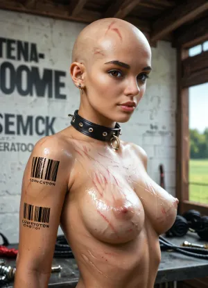 Beautiful black ebony pornstar woman with pretty face, ((looking at viewer)), look submissive, perfect body, very dark skin, naked, skin shiny from oils, slave collar, perfect skin, perfect round ass, soft skin, brown eyes, perfect medium breasts, ((bald)), ((no hair on head)), ((completely shaved)), ((no eyebrows)), whip marks on body, realistic, big nose ring, ((barcode tattooed on back)), ((working in a 18th century cotton field)), (name Loraine), detailed background