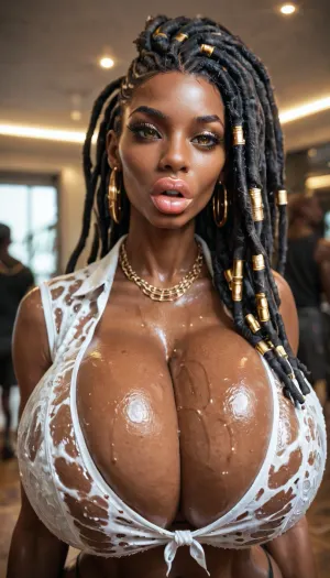 woman with huge gigantic fake breasts, massive fake puffy lips, dark skin bimbo, long dreadlocks