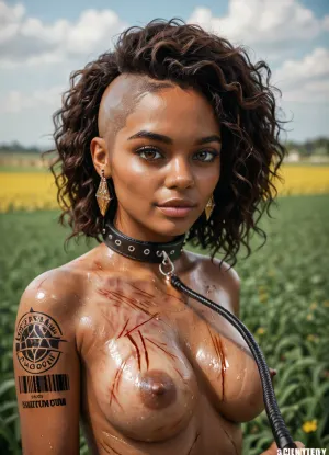 Beautiful dark ebony pornstar woman with pretty face, looking at viewer, look submissive, perfect body, very dark skin, naked, skin shiny from oils, slave collar, perfect skin, perfect round ass, soft skin, brown eyes, perfect medium breasts, bald, no hair on head, completely shaved, no eyebrows, whip marks on body, realistic, big nose ring, ((barcode tattooed on back)), ((working in a 18th century cotton field)), (name Loraine), detailed background