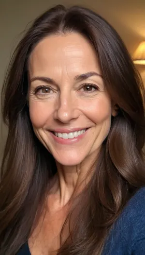 very cute mature, 50 years old, brunette, straight long hair, thin, face selfie, most cute smile charming face ever, cute in love face