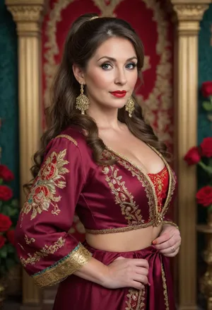 55 year old chubby MILF, (mature milf:1.5), (((brunette, long wavy hair, gathered in a big ponytail))), ((round face)), brown eyes, red lipstick, ((in festive national Russian clothes with embroidered gold pattern)), background filled with scarlet roses, cleavage, blue, green, purple, ((wide ankles, barefoot)), sm0k3dr3ss, <lora:Smoke_Shesh_Dress_XL:.9>