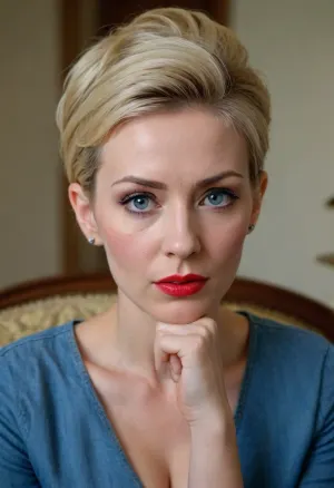 close up, face focus, 1/2 body view, soviet mature woman, ((completely clothing)), ((in denim suit)), (very skinny body), ((blonde updo haircut)), 40 years old, perfect face, ((sad:1.3)), blue eyes, makeup, red lipstick, sitting on sofa, microskirt, extremely, short, skirt, <lora:MicroSkirt_XL:.5>, <lora:580159_training_data:.5>