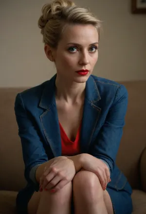 close up, face focus, 1/2 body view, soviet mature woman, ((completely clothing)), ((in denim suit)), (very skinny body), ((blonde updo haircut)), 40 years old, perfect face, ((sad:1.3)), blue eyes, makeup, red lipstick, sitting on sofa, microskirt, extremely, short, skirt, <lora:MicroSkirt_XL:.5>, <lora:580159_training_data:.5>