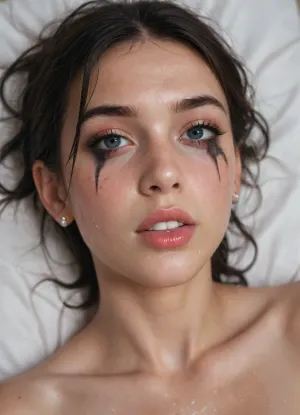 cute young cumslut lying on the bed, very long dark black hair, wet hair, sweaty skin, bruises in face, running mascara, smeared makeup, semen drips over her face all of her body and face is covered in semen, on her face, in her mouth, on her tongue