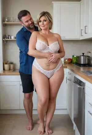 POV, gloomy, (focus on legs), beautiful, tender, (fat:1.5), (mature MILF:1.7), (plump, round face:1.5), black eyelashes, red lipstick, Finnish mother in the village, ((standing in the kitchen, facing each other, tightly hugging a handsome bearded man)), ((beautiful plump legs, curvy body, lace nightgown on naked body, one tit fell out, wide hips, long perfect legs, (wide ankles:1.5), (barefoot:1.7), (casual relaxed gait:1.5), makeup, high hills, high hairstyle, dark hair, high detail, ((man tall, fat, haircut, mature)), ((man holds MILF by the hip, squeezes the fallen tit)), 8k, (photorealistic:1.5), (full body view:1.5), .)), green, heart, purple, eyes, symbol-shaped, pupils, hair, ponytail, large, breasts, whiteform, blackform, casualoutfit, dressoutfit, <lora:XL-GreenHeartv1:.5>