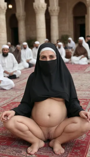 muslim old arabic woman, 35 years old, pregnant, wrinkly empty saggy big long tits, Muslims, burka, face covered, showing nude body, nude, masturbating, imams penis front of mecca, group of imams are watching and cheering, pov, spreading legs, open wide pussy