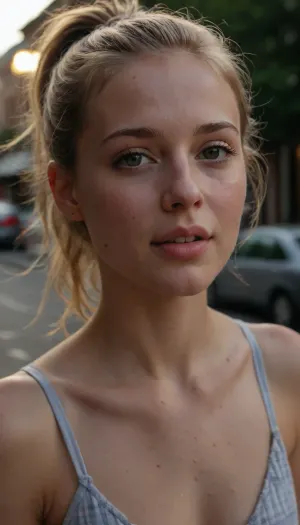 standing on street, sunny day, in soft summer dress, ultimate realism, poor lighting, realistic detailed skin texture, focus on realistic face, short height, round face, stunning eyes, pale skin, bad lighting, blonde hair, jpeg artifacts, phone camera shot, dim light, contrast, tack sharp, (masterpiece:1), perky small tits, natural tits, flash, Detailed, natural, skin, and, blemishes, without-makeup, acne, ((submissive)), ((lovely)), (((in very sexual erotic pose))), wild short sport ponytail, full body, ((very much want have sex)), ((high detailed pores on skin)), well-build body, medium tits, small lips, lots of freckles face and skin, blush on the checks and nose, (raised nasal tip, upturned button nose, upturned nose, delicate nose, nose), hypnotized loving grey eyes, brown wild wet hair with sidelocks, very sexy smile, <lora:detailed_notrigger:.5>, <lora:skin_4-000015:.5>